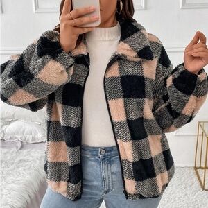 SHEIN Women’s Black and Cream Checkered Teddy Sherpa Jacket